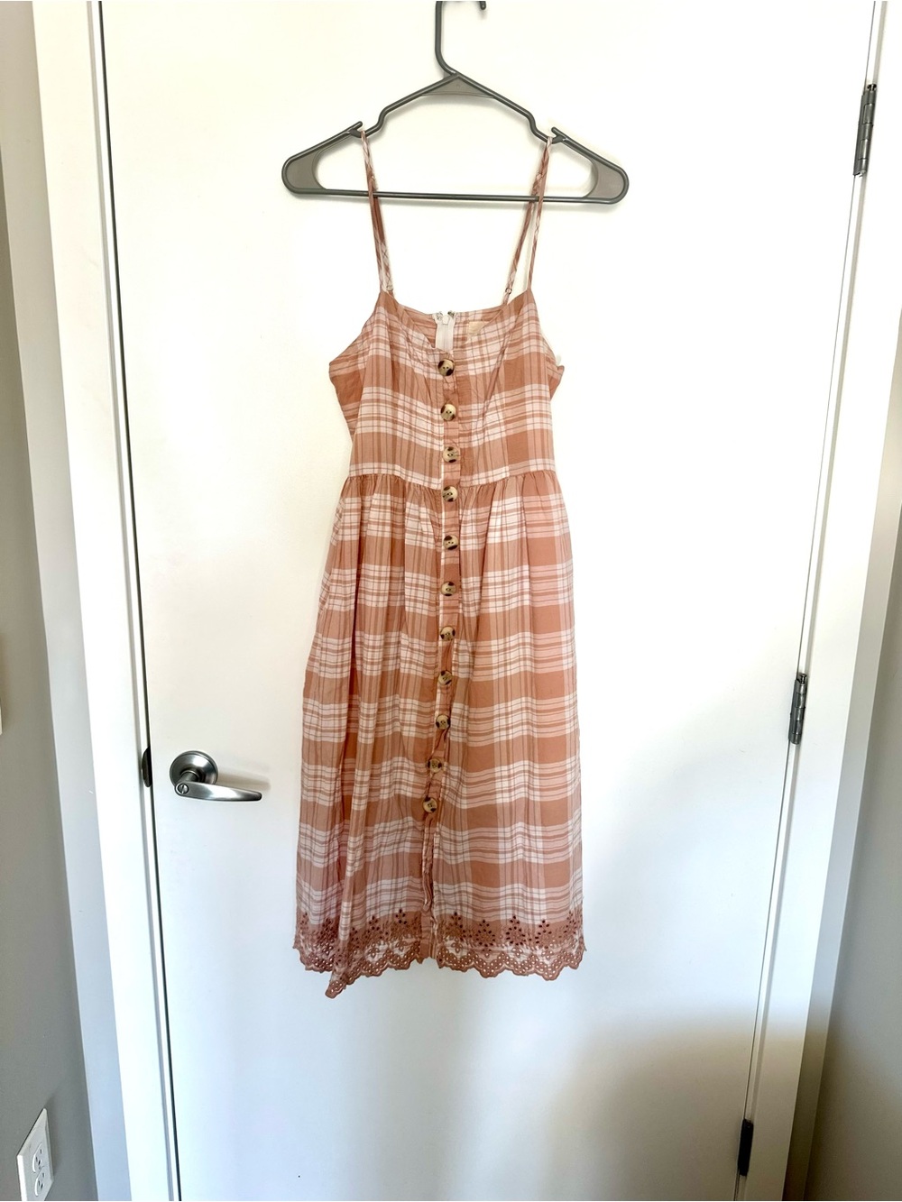 Harper Rust-Pink Plaid Midi Dress with Lace Trim